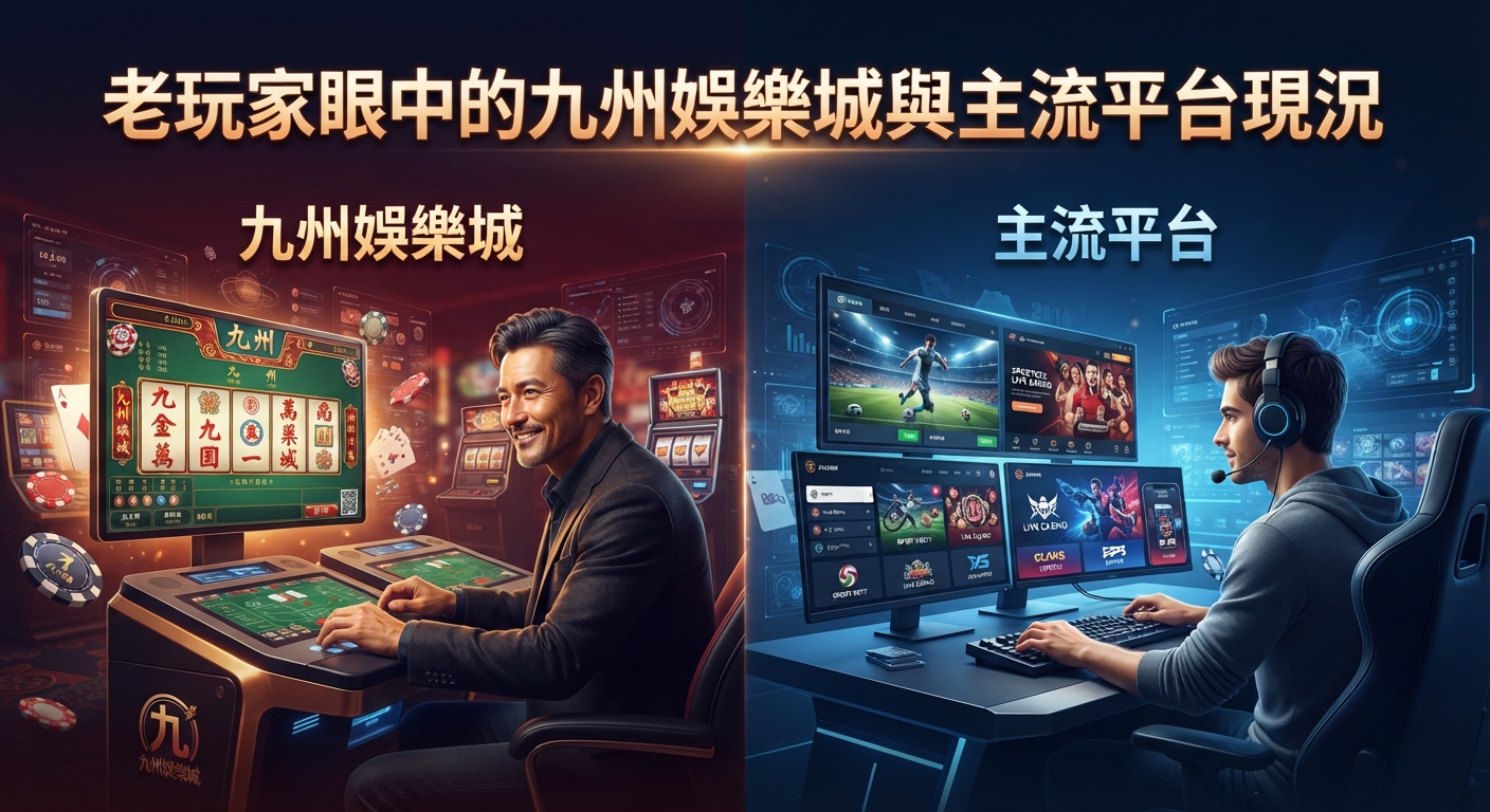 這是一張對比圖,左側展示了一位經驗豐富的老玩家正在使用九州娛樂城,右側則顯示了現代主流平台的運作現況。 圖片上方清晰地標示著「老玩家眼中的九州娛樂城與主流平台現況」這行主要標題。