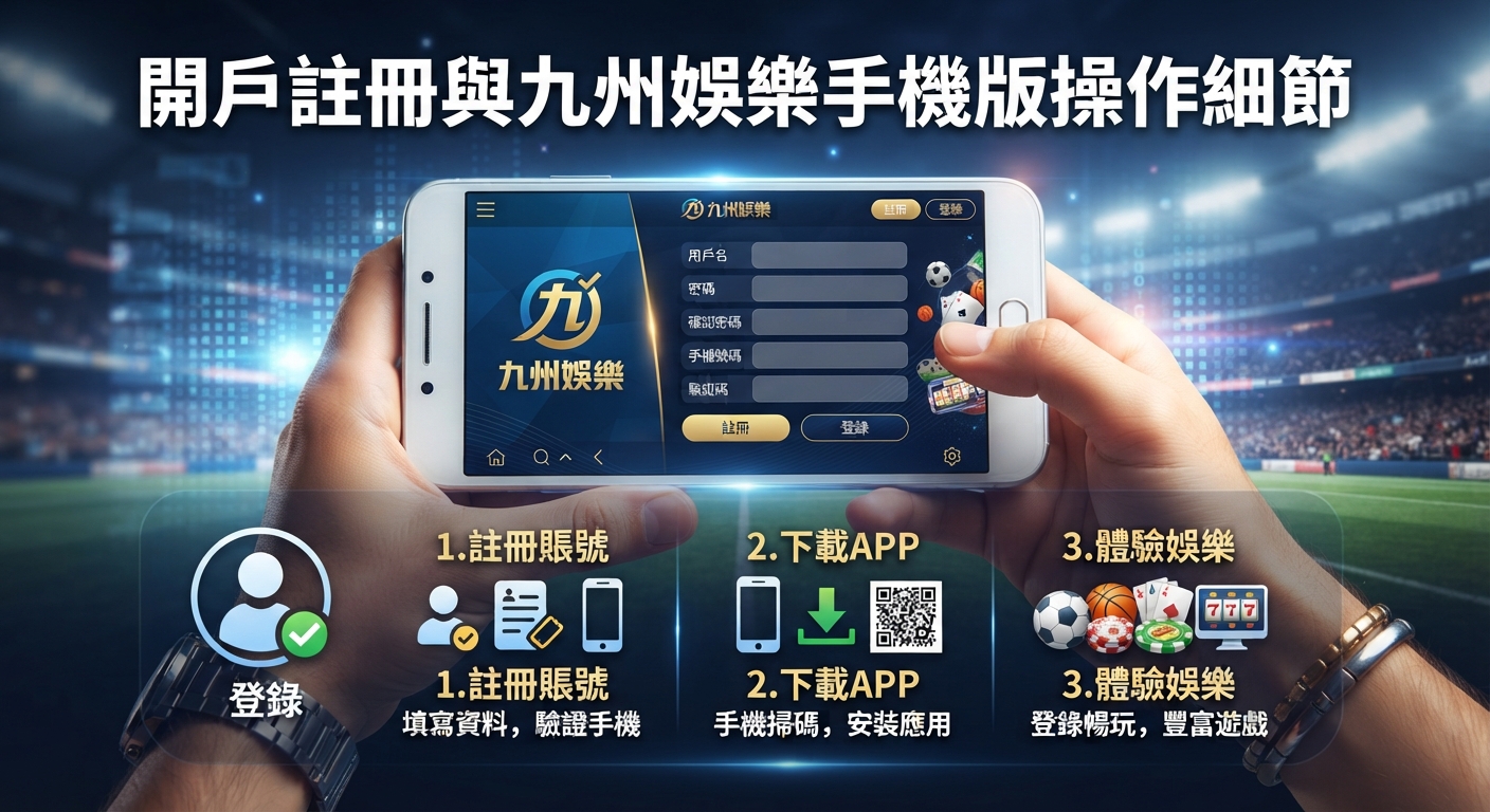 圖片展示了九州娛樂手機版的開戶註冊與操作細節。 畫面包含手機介面、註冊步驟圖示及相關主題的繁體中文標題。